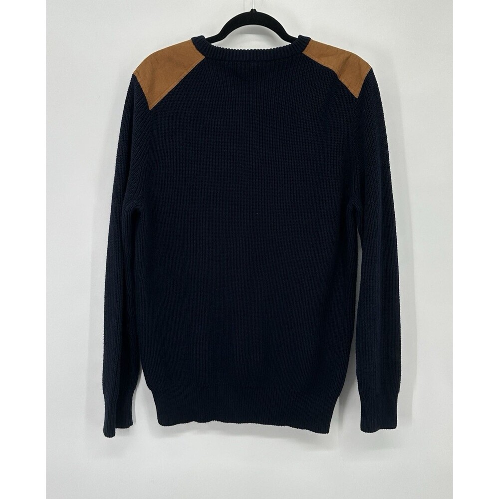 J Crew Men M navy  Ribbed‎ Sweater Suede Shoulder Patches Military Heritage Hunt